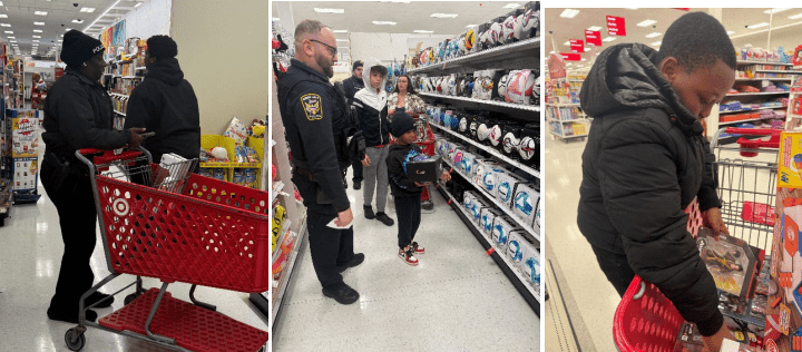 Adults and children shopping in a store.
