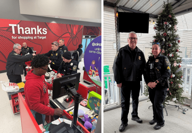 Adults with police officers in a store and two officers by a Christmas tree.
