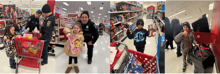 Children and adults shopping in a store.