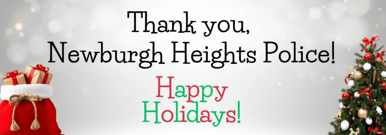 Holiday banner with gifts, Christmas tree, and thank you message.