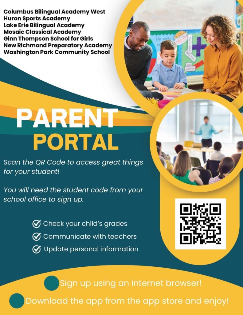 Flyer for parent portal with QR code and images of adults and children.