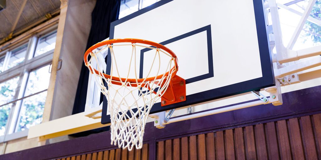 Basketball hoop in an indoor gym